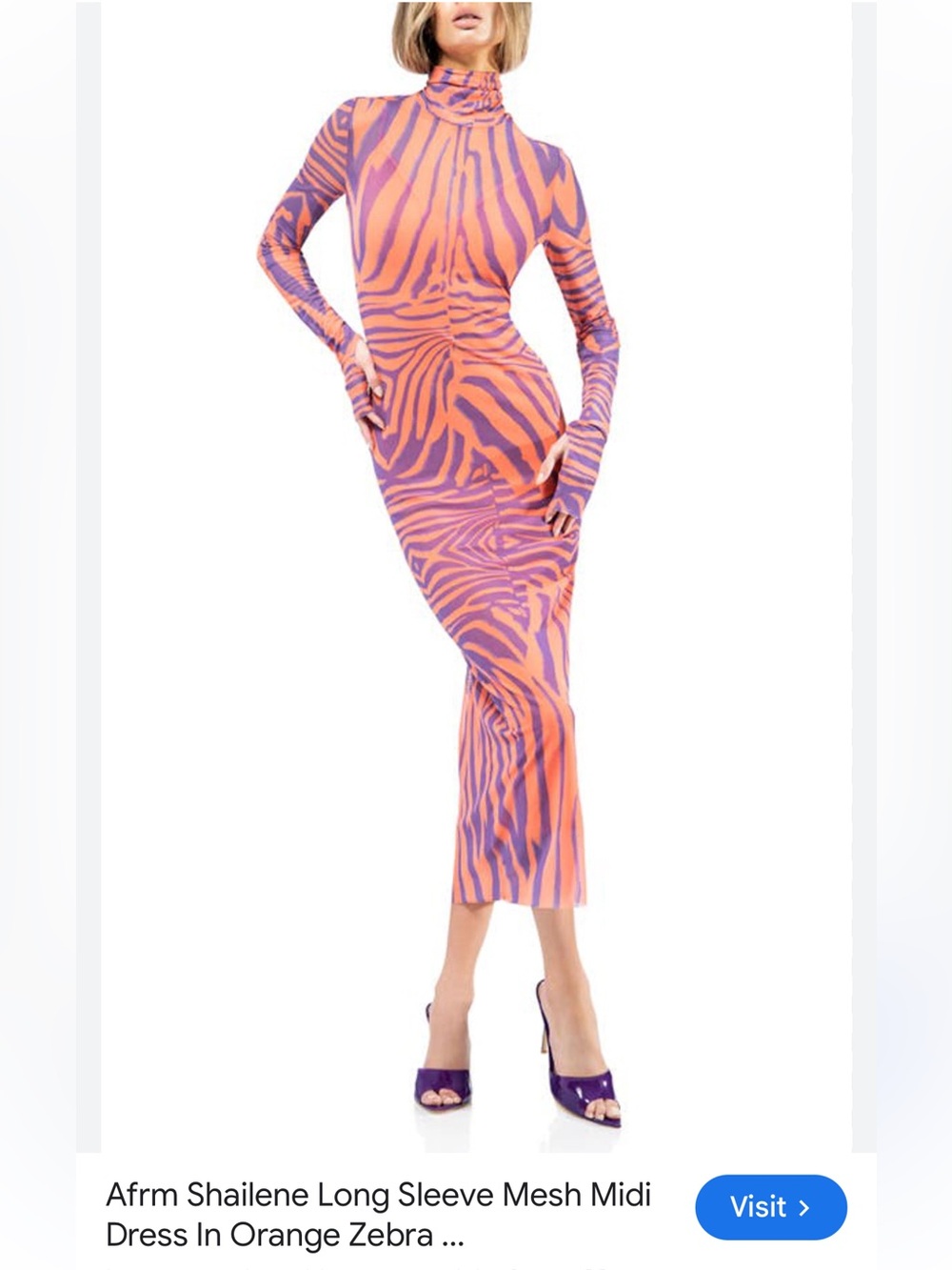 AFRM Shailene Long Sleeve Mesh Midi Dress in Orange & Purple Zebra